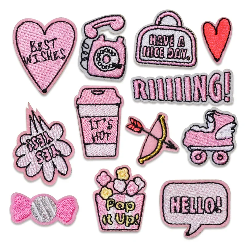 Pink Embroidery Patches Stick-on Lovely Cloth Appliques for Girls Clothing DIY Decoration Phone Candy Bag Bow and Arrow Washable