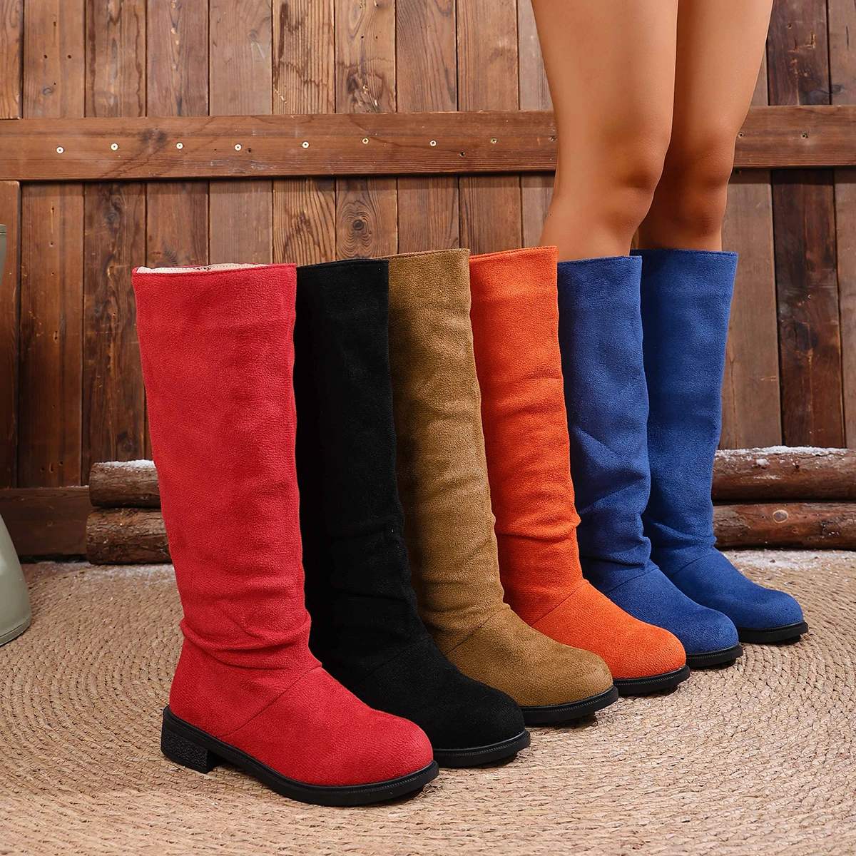 Women's Fashion Velvet Booties High Tube Low Heel Large Size Knee High Boots Autumn/Winter New Style Round Toe Rubber Sole Boots