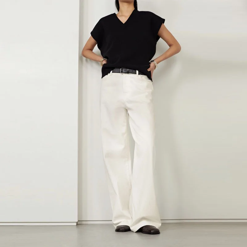 

Maxdutti Cotton Spring And Autumn Wide Leg Pants Minimalist Woman Clothes High Waist Pants Look Thin White Jeans Denim Pants