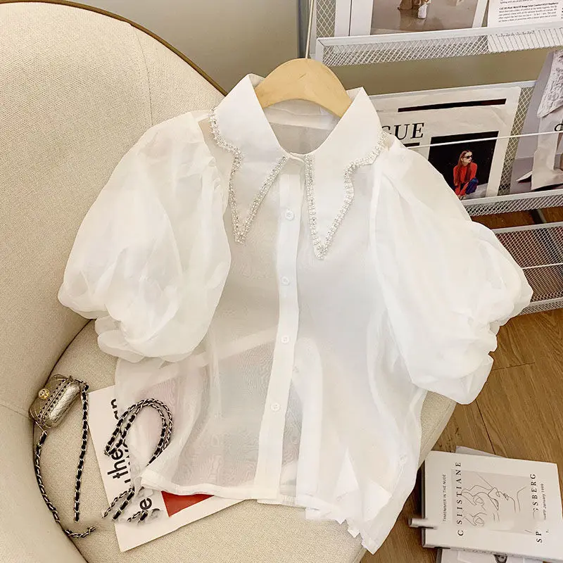 2022 verão nova moda luz de luxo branco chiffon camisa feminina sexy confortável colar pérola coreano topos boutique roupas