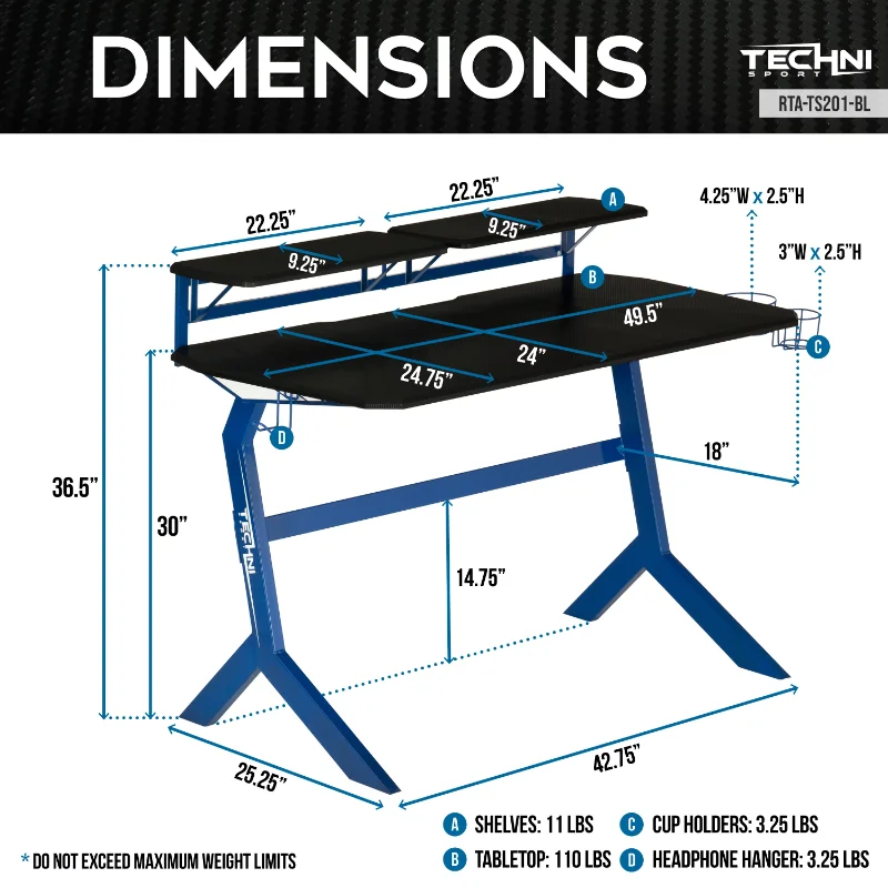 Techni Sport Blue Stryker Gaming Desk con soporte para auriculares y estantería