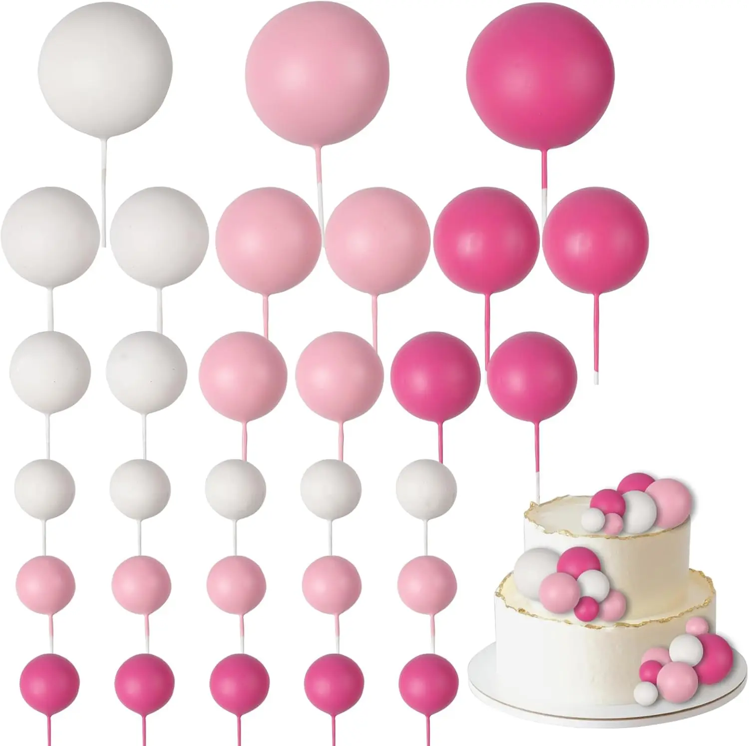 30Pcs DIY Cake Insert Ball Cake Picks Cupcake Topper for Birthday Party Wedding Decoration Supplies(Pink White Dark Pink)