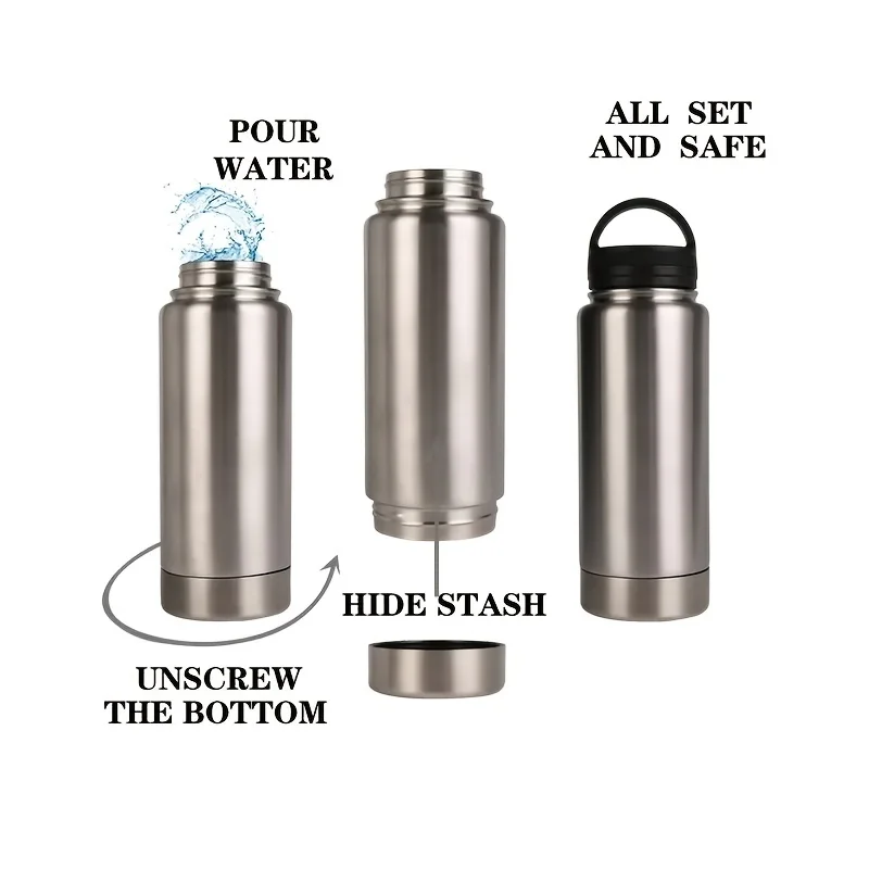 Diversion Safe Stainless Steel Insulated Water Bottle with Hidden Bottom Storage Compartment