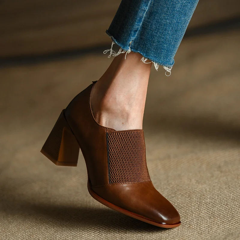 

Spring Autum Thick Square Heeled Slip-On Cow Leather Female Pumps Women Pums Square Toe Patchowork Ladies Shoes 5 CM