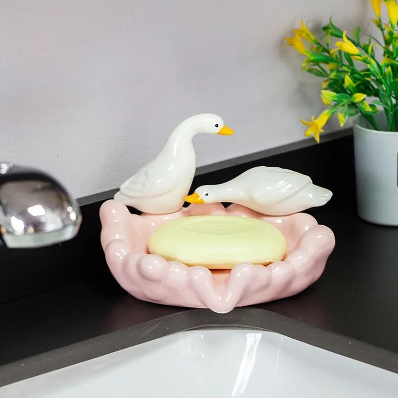 1pc Cute Duck Ceramic Soap Dish Decorative Soap Holder Craft Ornament Bathroom Counter Washroom Daily Storage Decor Accessory view 2