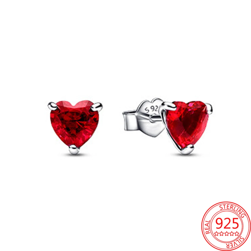 Anting-anting kancing Hati kristal merah perak Sterling 925 autentik Set perhiasan pernikahan romantis wanita