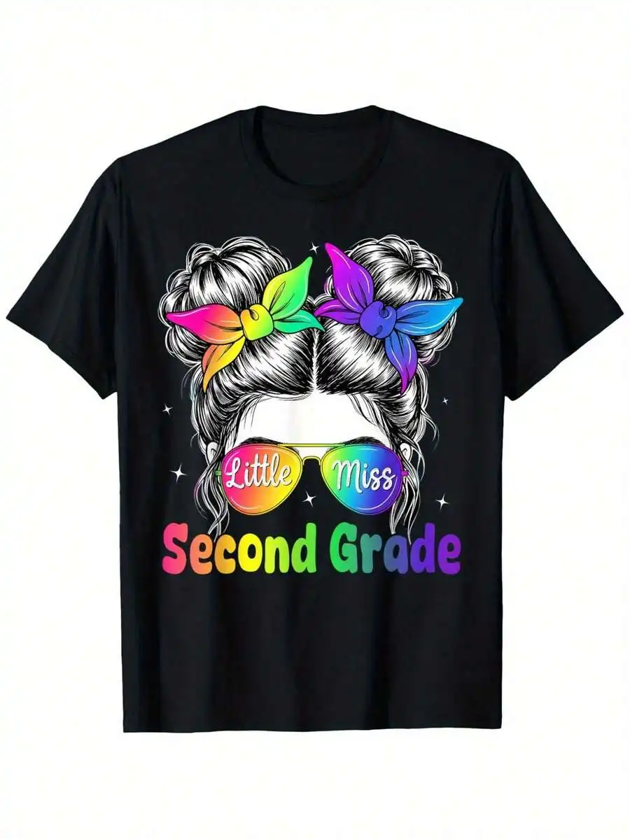 Little Miss 2nd Second Grade Messy Bun First Day Of School T-Shirt Casual Round Neck Tee For Boys Girls,Durable Summer Clothing