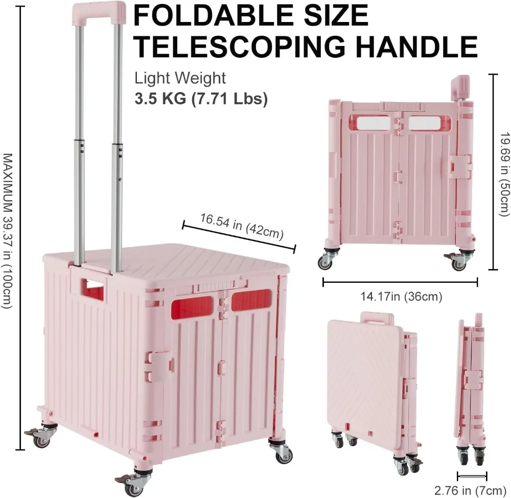 Chariot roulant pliable à 4 roues avec couvercle, chariot de courses pliable pour épicerie, bureau, voyage, rose