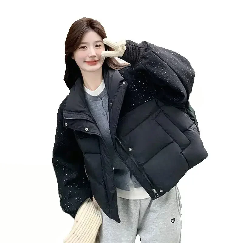 2025 Fashion Spliced Contrast Color Sequins Parkas Women's Winter Woolen Patchwork Cotton-padded Jackets Stand-up Collar Coats