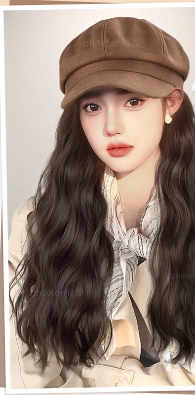 Hat wig female long curly hair integrated autumn and winter new lazy feeling