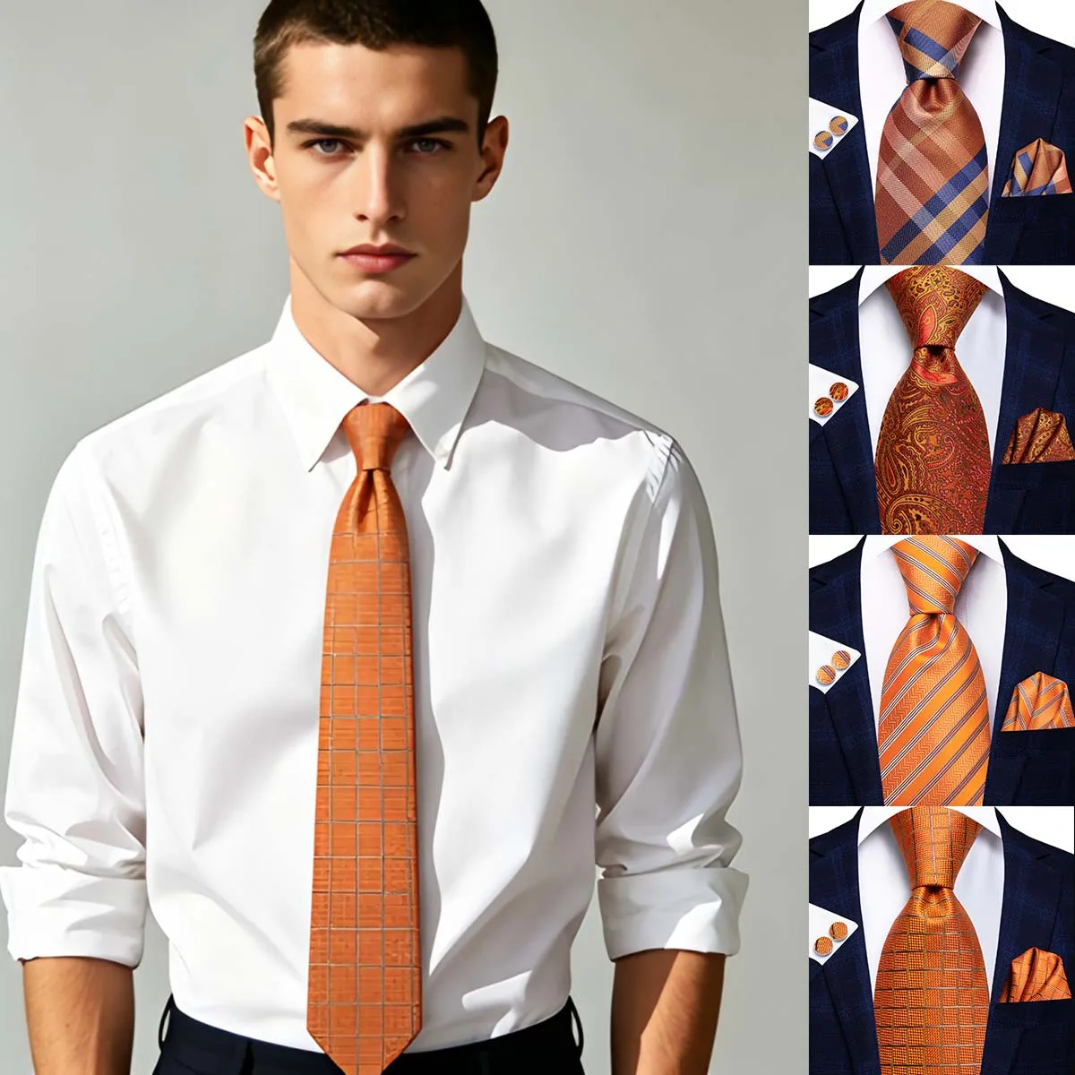 

Orange Solid Tie Set 3Pcs Men Necktie Pocket Square Cufflinks Formal Business Wedding Dress Accessories