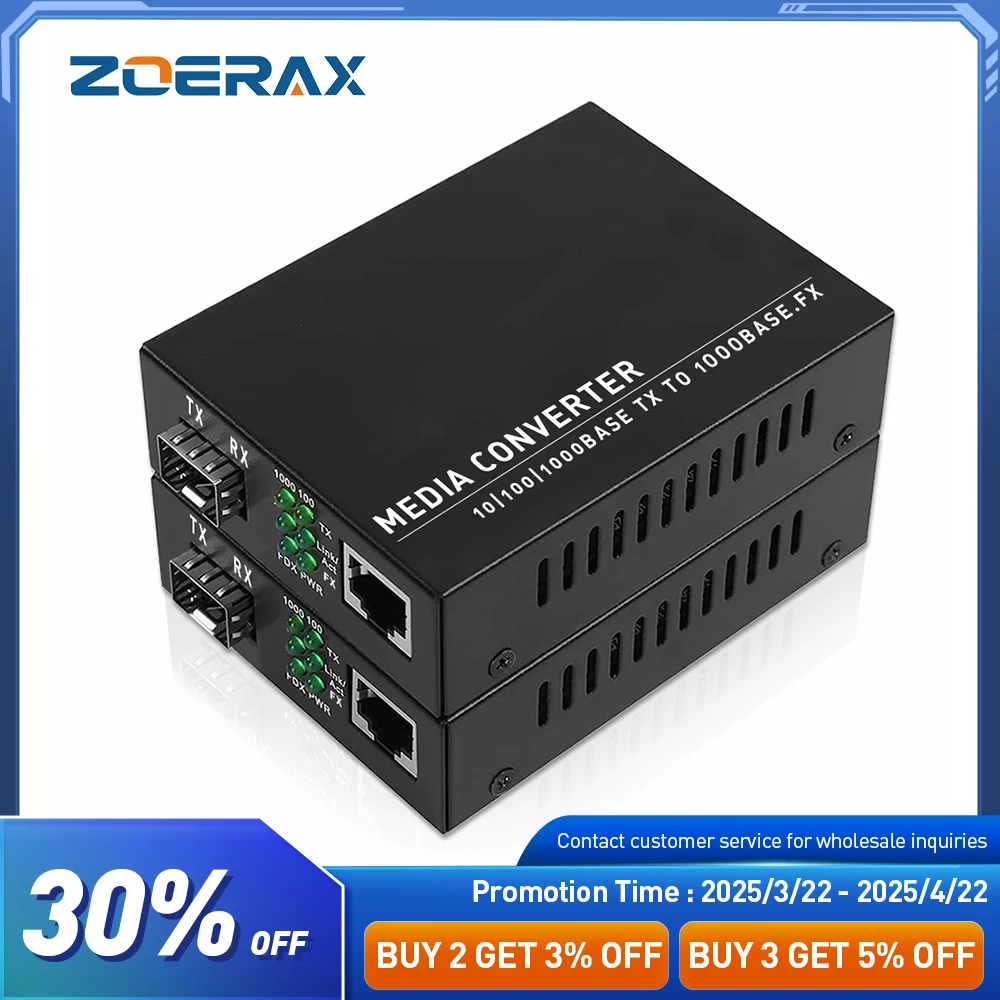 

ZoeRax A Pair of Gigabit Fiber Optic Transceiver Media Coverter Ethernet SC Singlemode RJ45 Port Optical Transceiver