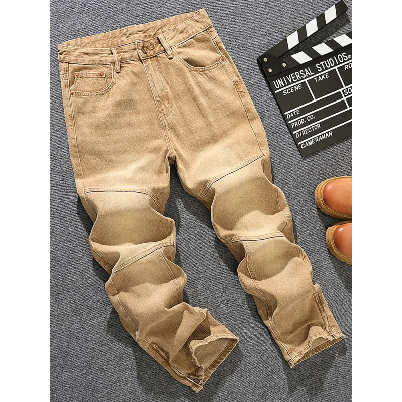 Retro kaki jeans heren losse rechte pijpen trendy straat high-end herenkleding modieuze broek met wijde pijpen