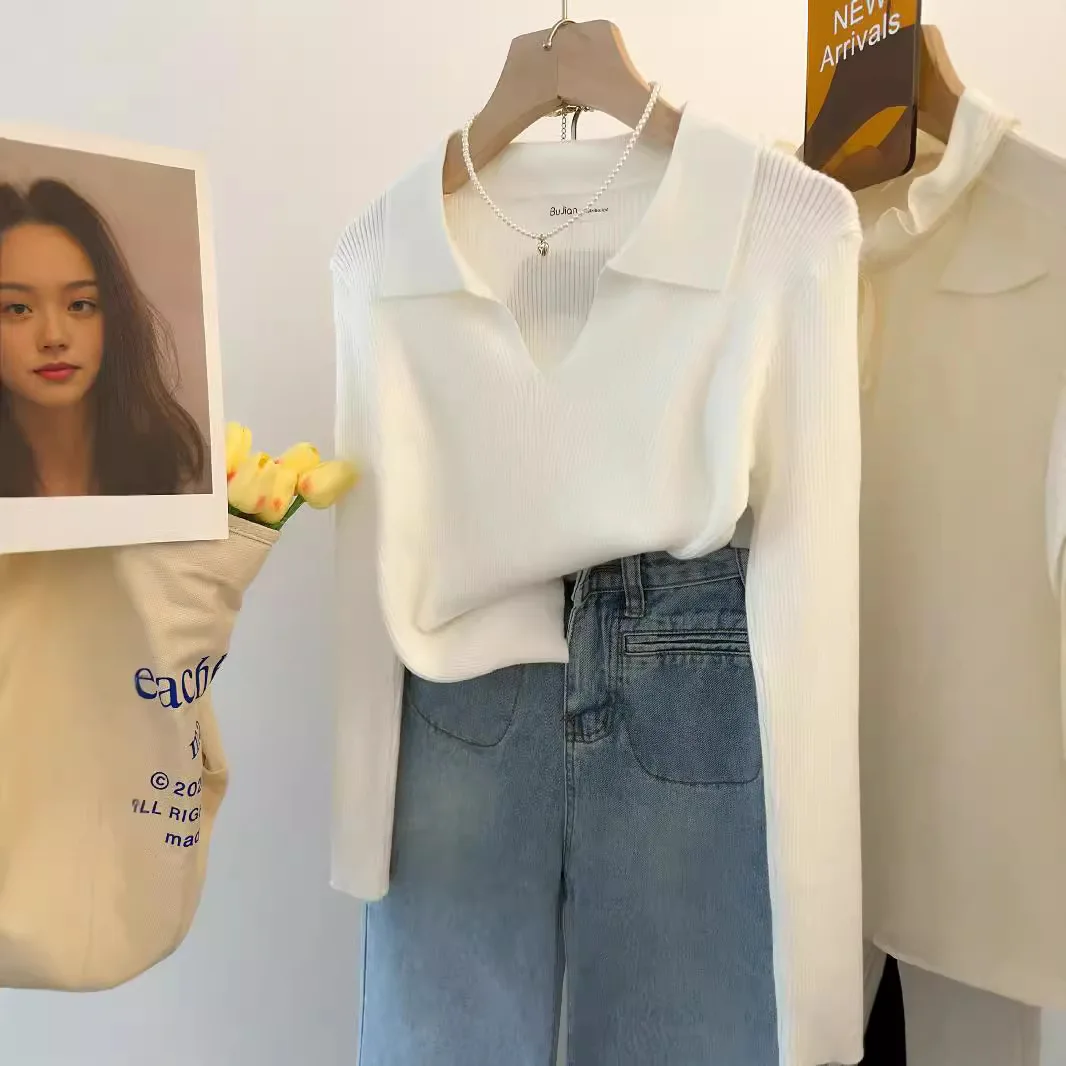 

Clothing Chic Polo-neck Knit Long Sleeve T-shirt Summer Casual Loose Thin All-match Cardigan Lady Solid Breathable Tops Wh10
