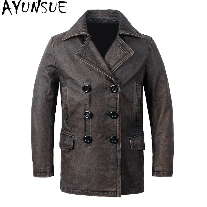 AYUNSUE Vintage Distressed Genuine Leather Jacket Men Double Breasted Top Grain Cowhide Real Leather Trench Coat jaqueta couro