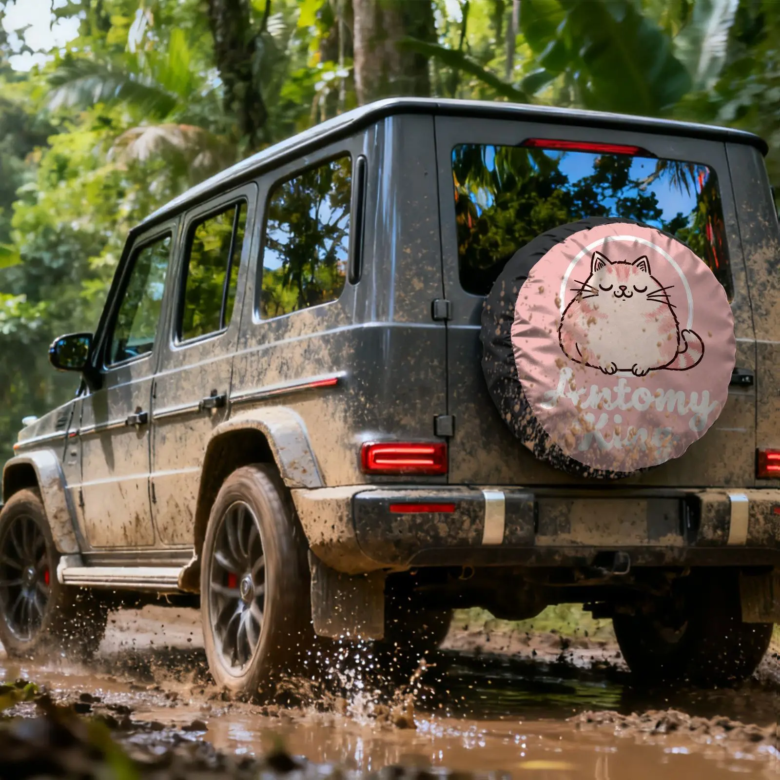 Cute Fat Cat Pattern Tire Cover, Polyester Material, Background Striped Cat Design, Waterproof