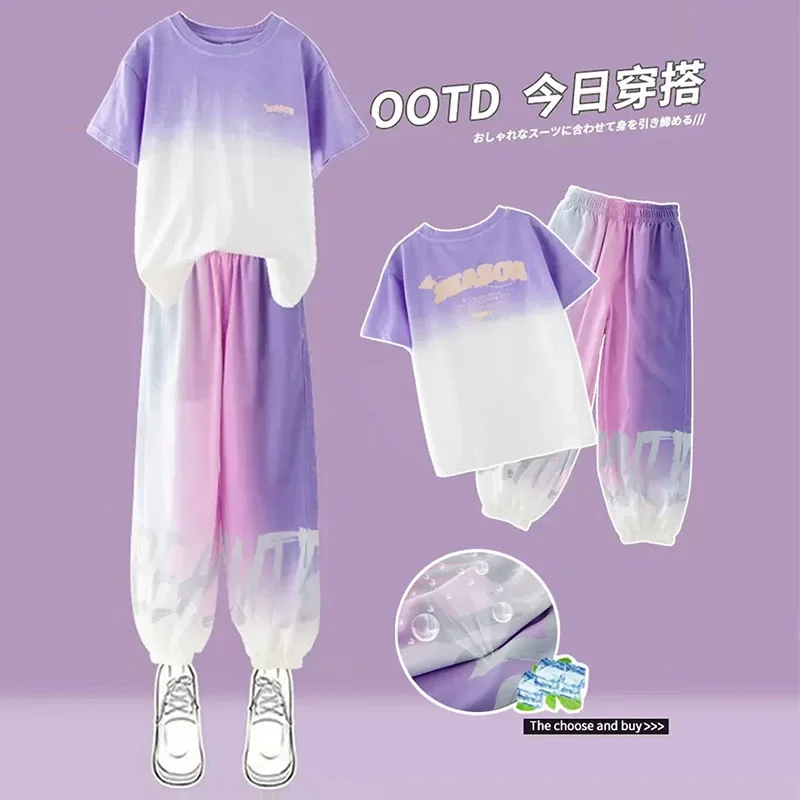 Summer Girls Cotton Gradient Contrast T-Shirt Tops+Ice Silk Insect-Proof Pant Set School Kids 2PCS Tracksuit Child Outfit 5-14Yr