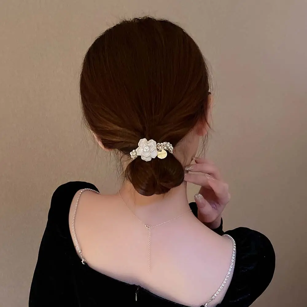 Sweet Camellia Flower Design Ponytail  Scrunchie Spring Headband Korean Style Hair Band Elastic Hair Tie Women Pearls Hair Rope