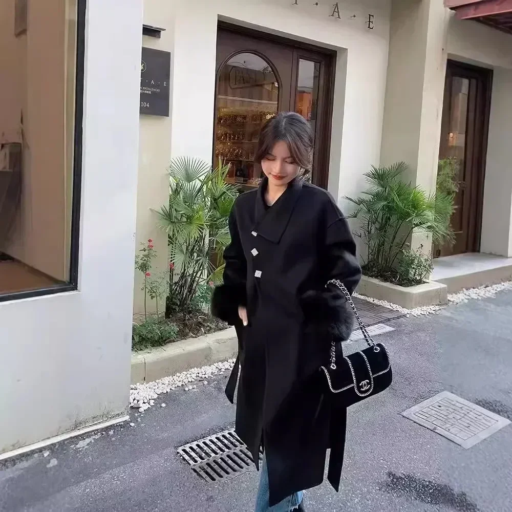 

Women Long Fox Fur Collar Woolen Coat Double-sided Cashmere Coat 2025 New Autumn Winter Real Fox Fur Jacket Female Wool Coat