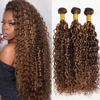 Resaltar Jerry extensiones de cabello humano postizo rizado mechones rubio miel mechones de cabello crudo brasileño 100% cabello humano