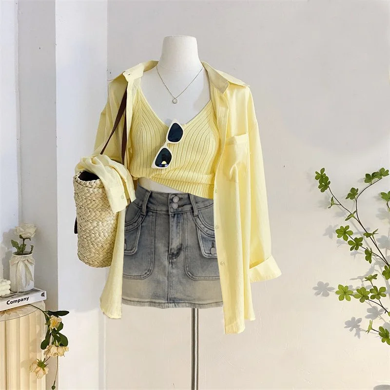Novedad de verano, conjunto de tres piezas para mujer, ceco versátil de estilo coreano, csa con protección solar, p...