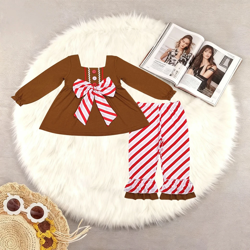 10.27 Baby Girls Clothes Baby Girls Brown Gingerbread Bow Tunic Ruffle Pants Clothes Sets