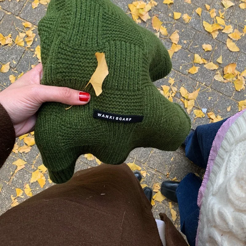 Retro Green Knitted Scarf Winter Warm Wool Scarves for Female Male Korean Version Shawl Wrap Bandana Pashmina