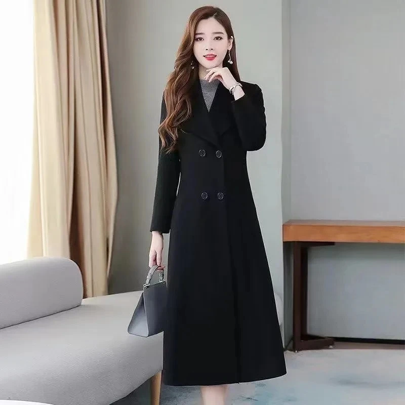 Womens 2024 Spring and Autumn New Wooler Coat Womens Over-knee Thickened plus sizeLapel Super Long Slim-fit Waist Coat