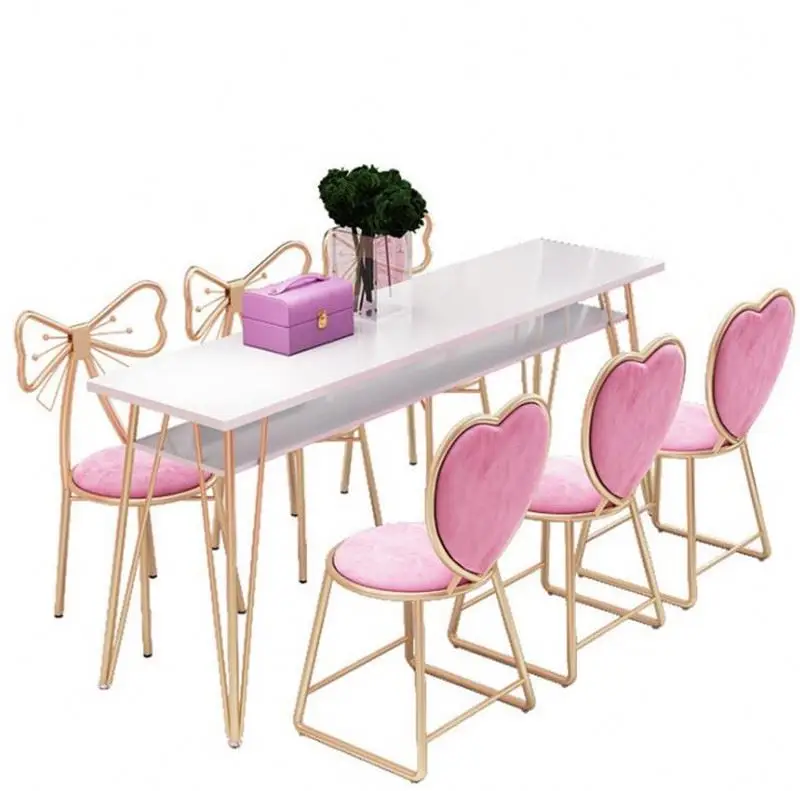 &c Nordic Double-layer Nail Table, Beauty Salon Golden Iron Solid Wood Manicure Table and Chair Set
