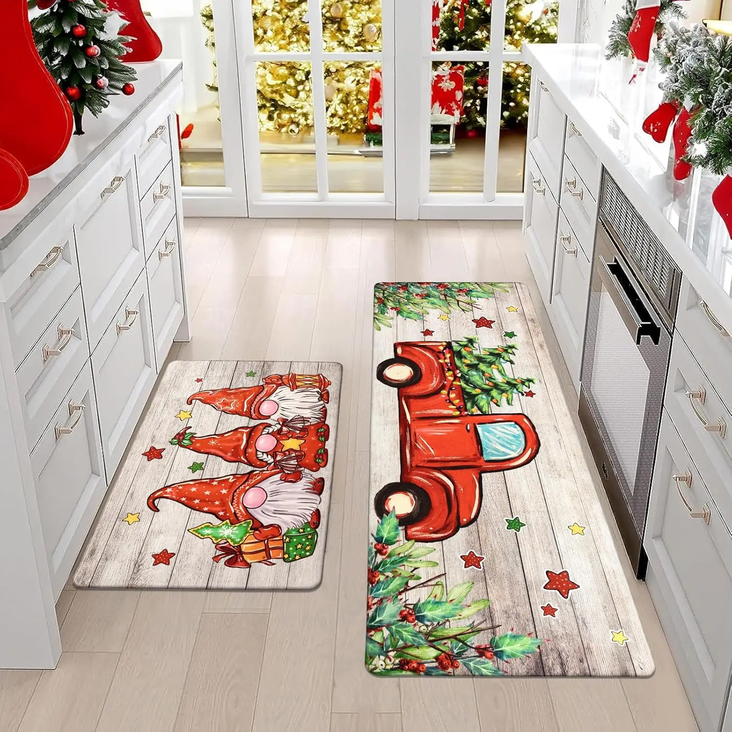 VIKAMA 2pcs Christmas Tree Kitchen Floor Mat Anti-Drip Anti-Fatigue Buffer Wear-Resistant Kitchen Carpet Winter Holiday Decor