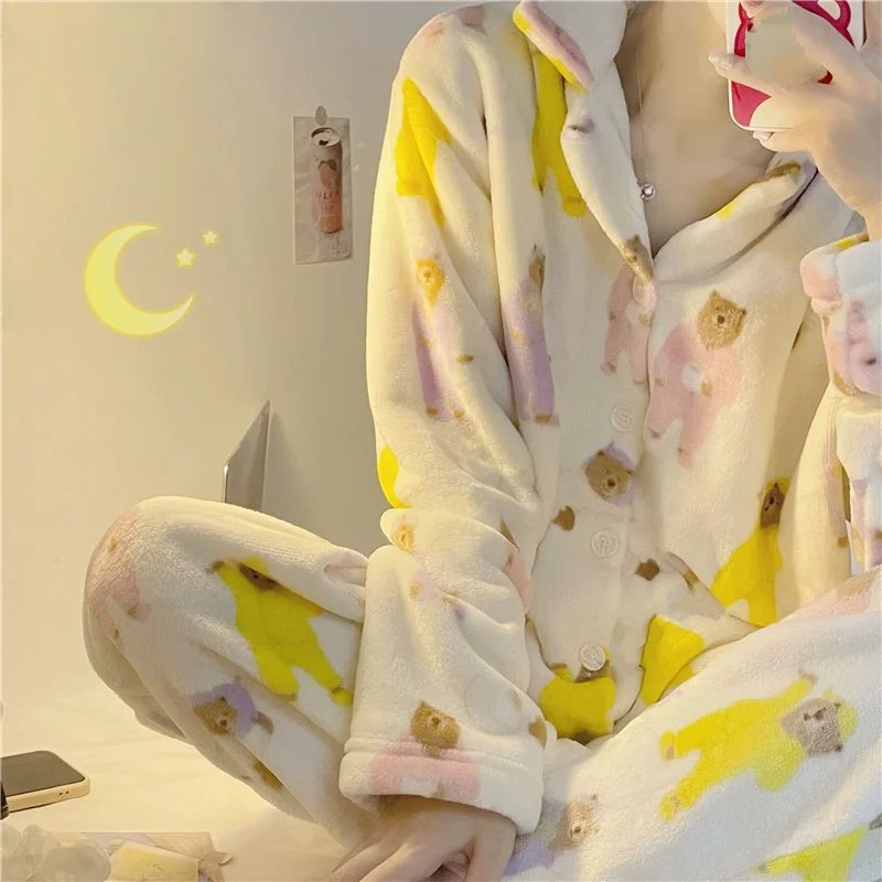 

Korean version Women's pajamas autumn winter coral fleece Comfortable Sleepwear thicken fleece-lined flannel homewear suit