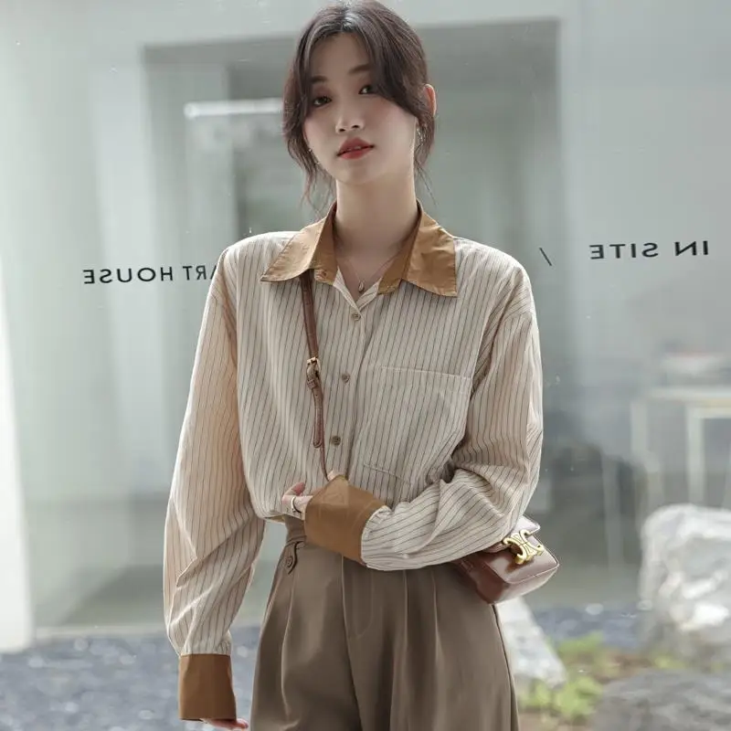 

Thin Chiffon Casual Shirt with Stripes Women's Retro Lazy Style French Top for Spring and Autumn