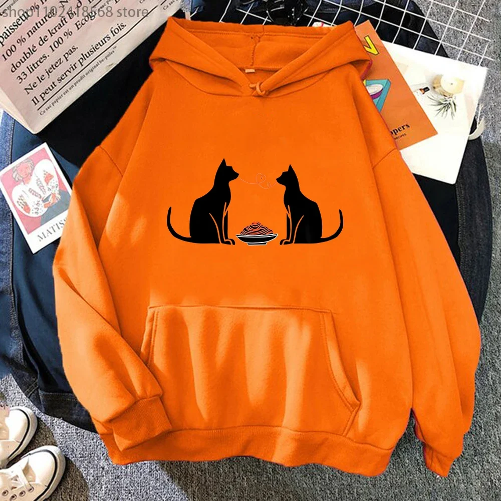 Funny Valentines Day Hoodies Women Cute Cat Lover Eating Spaghetti Graphic Sweatshirt  Y2k Clothes Kawaii Girls Top Men Pullover