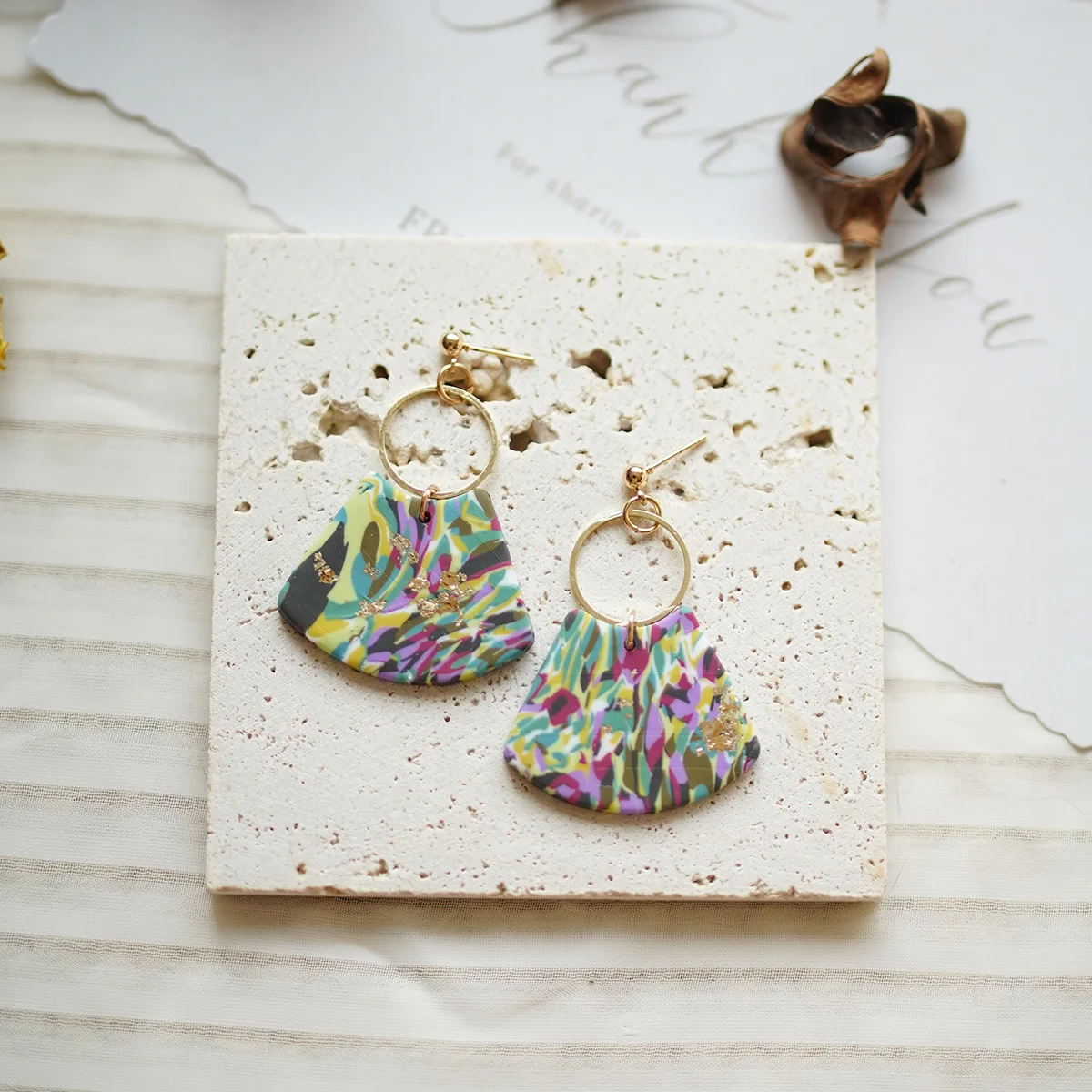 Pop Fashion Multi Colors Marble Pattern Shield Shape with Brass Ring Dangle Drop Polymer Clay Earrings Women's Accessories Daily