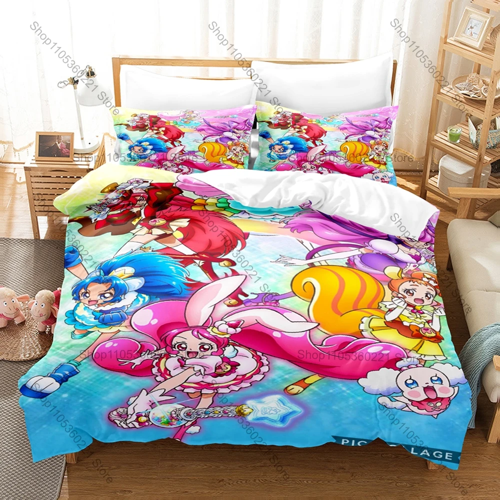 Anime Smile PreCure! Conjunto de Cama, Capa de Edredom e 2 Fronhas, Padrão de Personagens Adoráveis, Tecido Respirável para Uso em Todas as Estações