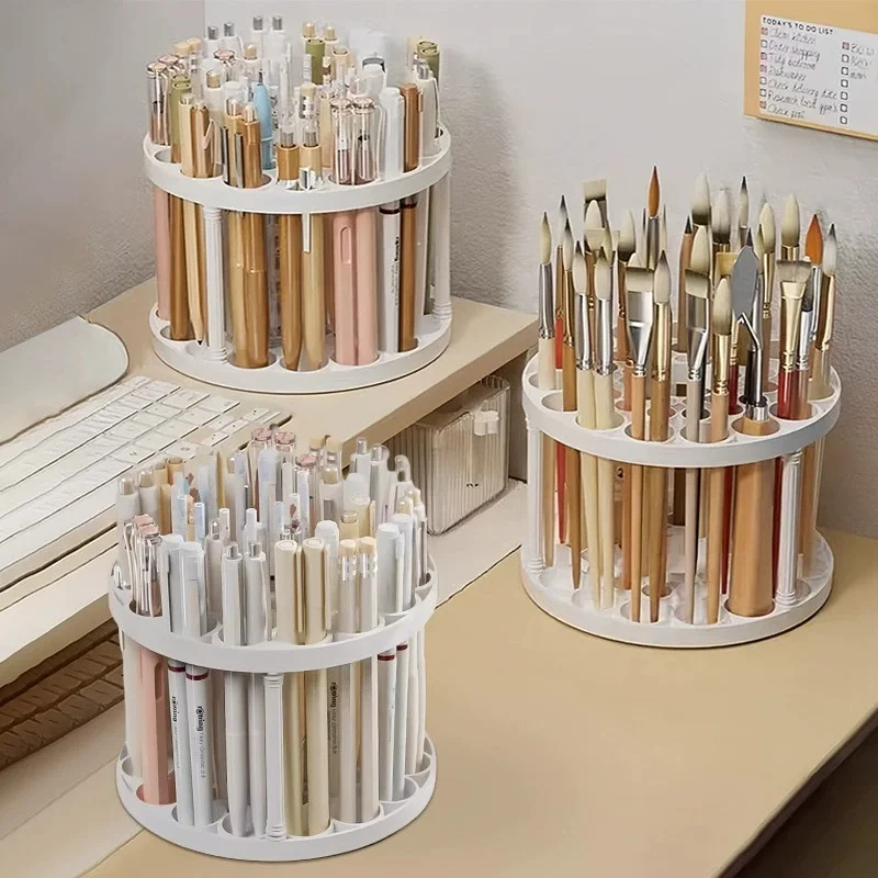 360° Rotating Brush Holder - Sleek White Plastic Organizer Large Capacity Makeup Brush Storage Bucket, Multi-Functional Rack