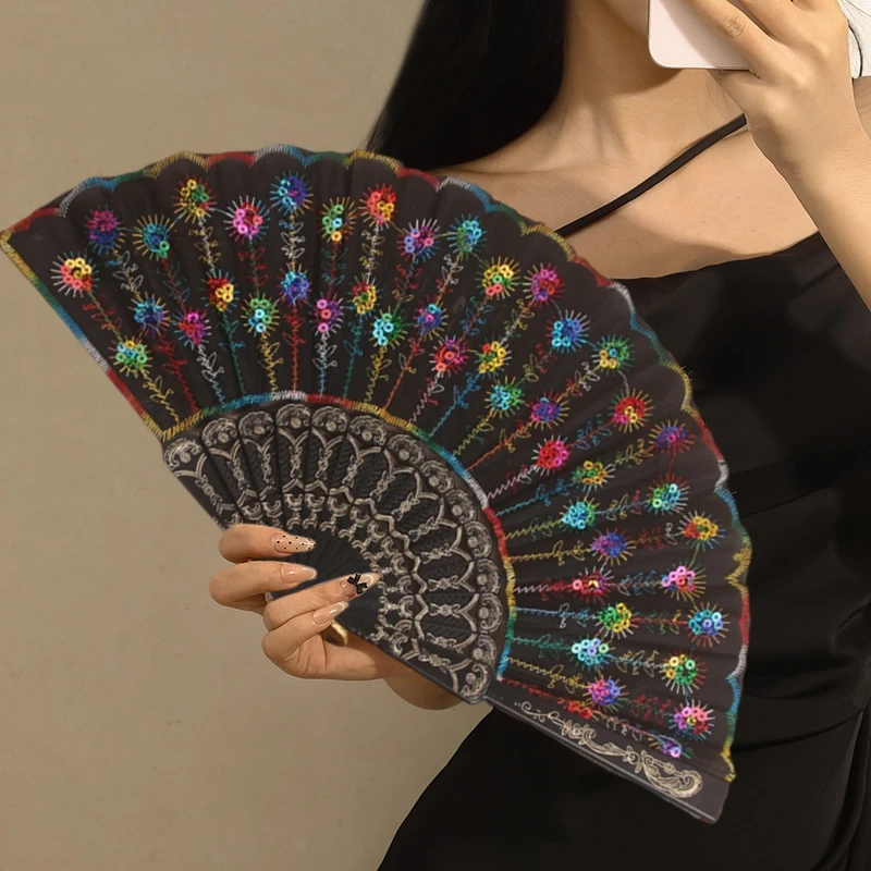 Portable Embroidered Folding Fan Decorative Fan Female Dancing Hand Fans Wedding Gift for Guests Party Home Decor Supplies