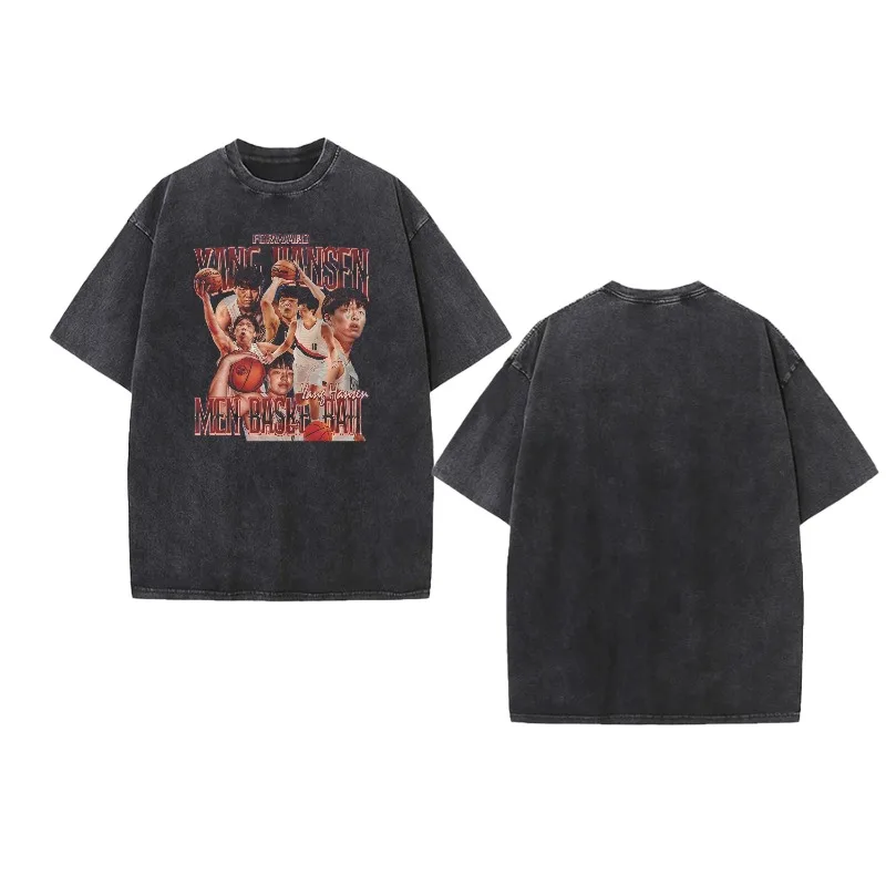 تي شيرت مغسول بنجمة كرة السلة الأمريكية يانغ هانسن للجنسين كاجوال مريح من القطن عتيق ملابس الشارع الشهير برقبة دائرية وأكمام قصيرة #1