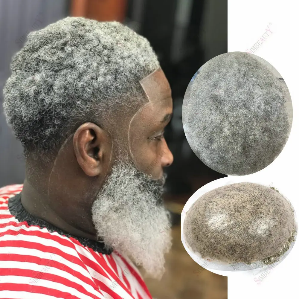 

1b80# Grey Black 4mm Afro Tight Curly Men‘s Hairpiece100%Human Hair Toupee Natural Hairline Durable Skin Full PU Base Prosthesis