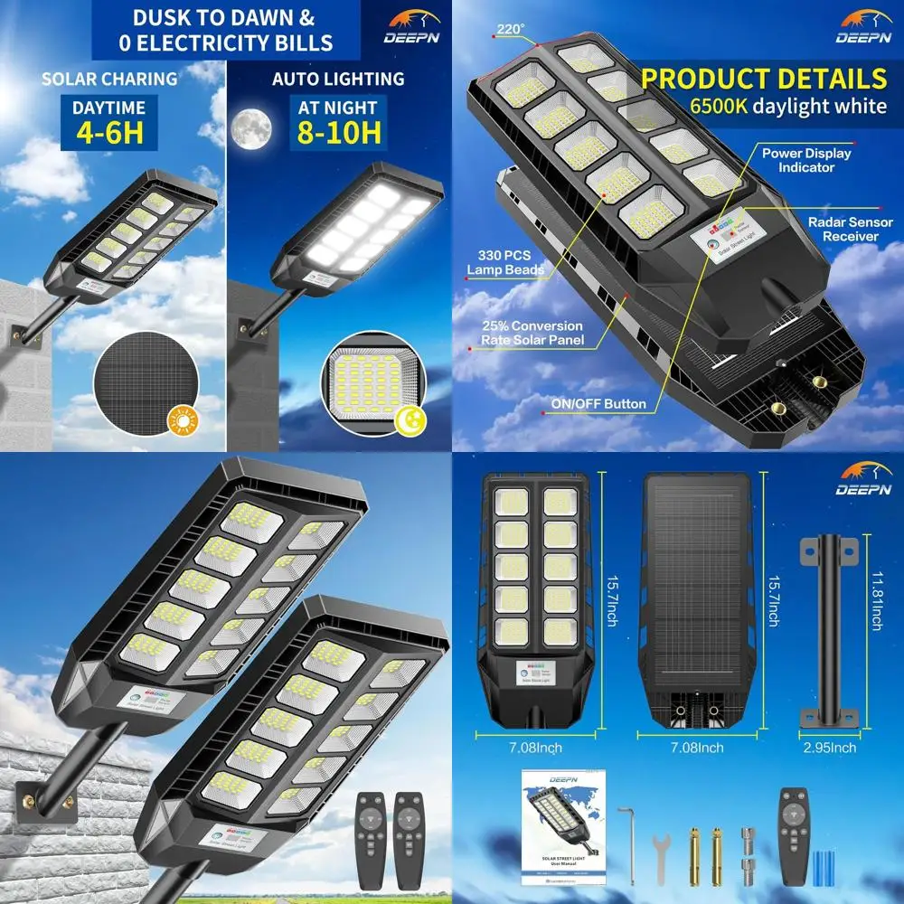 

IP66 Rated Outdoor Solar Lights, 6500K Dusk-to-Dawn Motion Sensor Security Flood Lights with Remote Control, 2-Pack for Yard, En