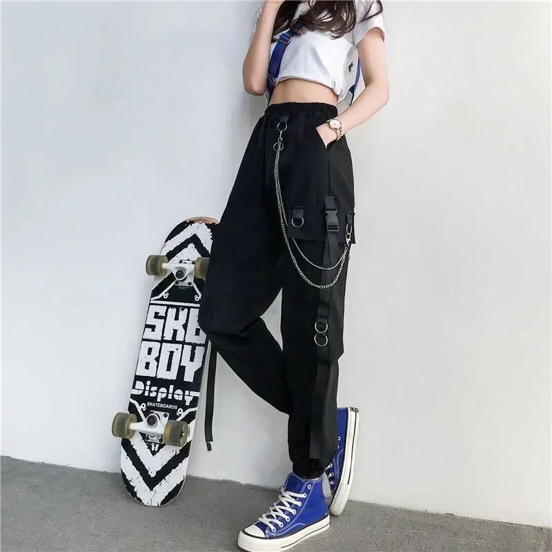ผู้หญิงกางเกง Cargo 2025 Harem กางเกงแฟชั่น Punk กระเป๋า Jogger กางเกงโซ่ Harajuku Elastics เอวสูง Streetwear