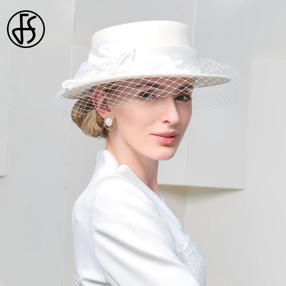 FS White Fedoras Luksusowe czapki z płaskim daszkiem dla kobiet z welonem 2024 Nowa ceremonia ślubna Millinery Winter 100% wełniana filcowa czapka