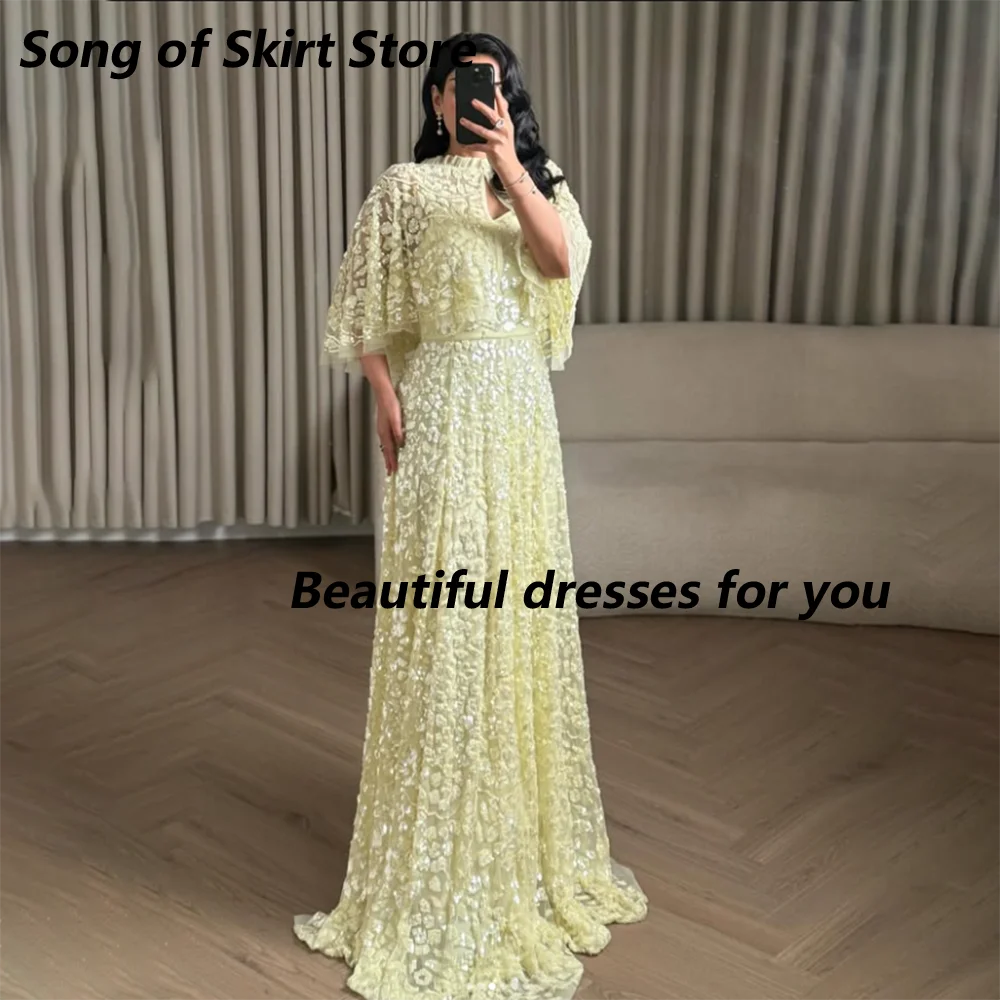 Luxury Evening Dress Yellow Lace Appliques Elegant Evening Gown A Line Floor Length Women's Formal Party Dresses Customized