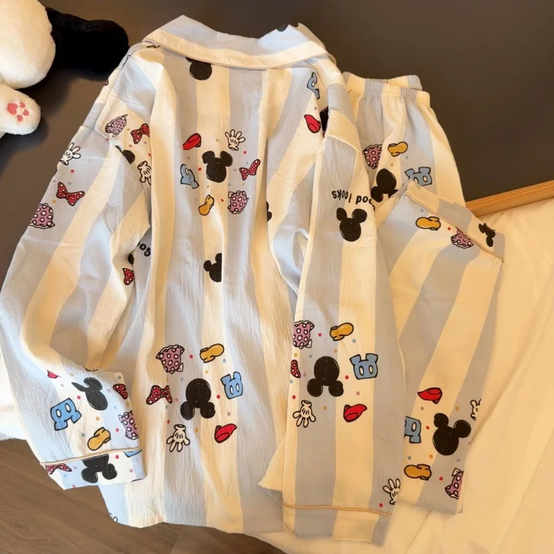 Disney Mickey autumn new cartoon cute blue striped printed pajamas female animation long-sleeved trousers loungewear set