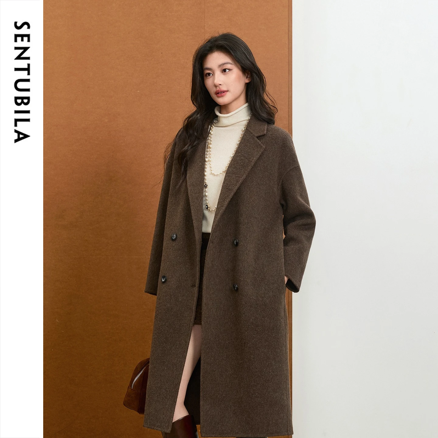 SENTUBILA Women Wool Blend Coat 2026 Winter Mid‑Length Notched‑Lapel Woolen Overcoat Elegant Warm Commuter Outerwear W44O56629