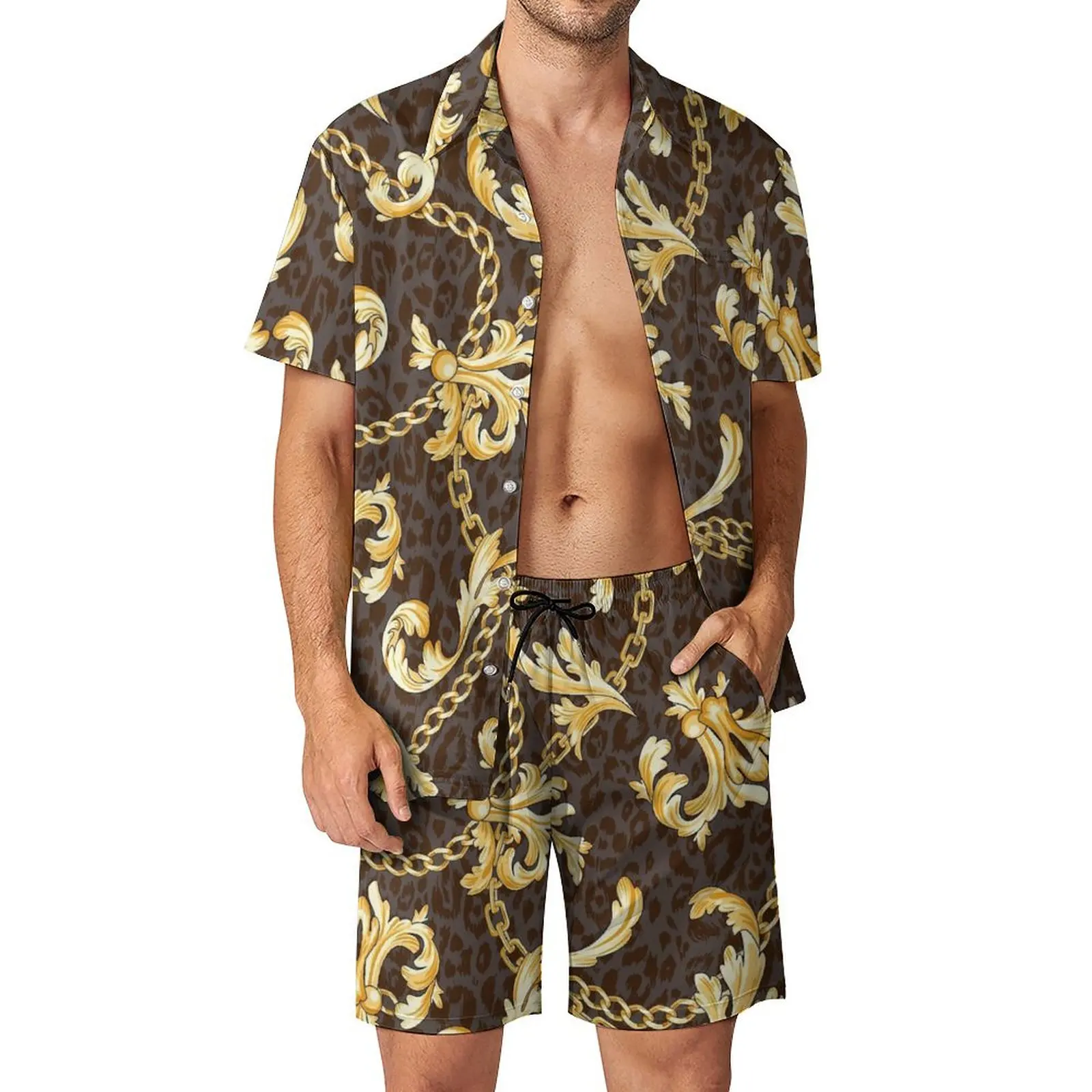 

Золотые Цепи, мужские комплекты, повседневные шорты в барочном стиле, Пляжная рубашка, летний эстетичный костюм на заказ, женская одежда с коротким рукавом