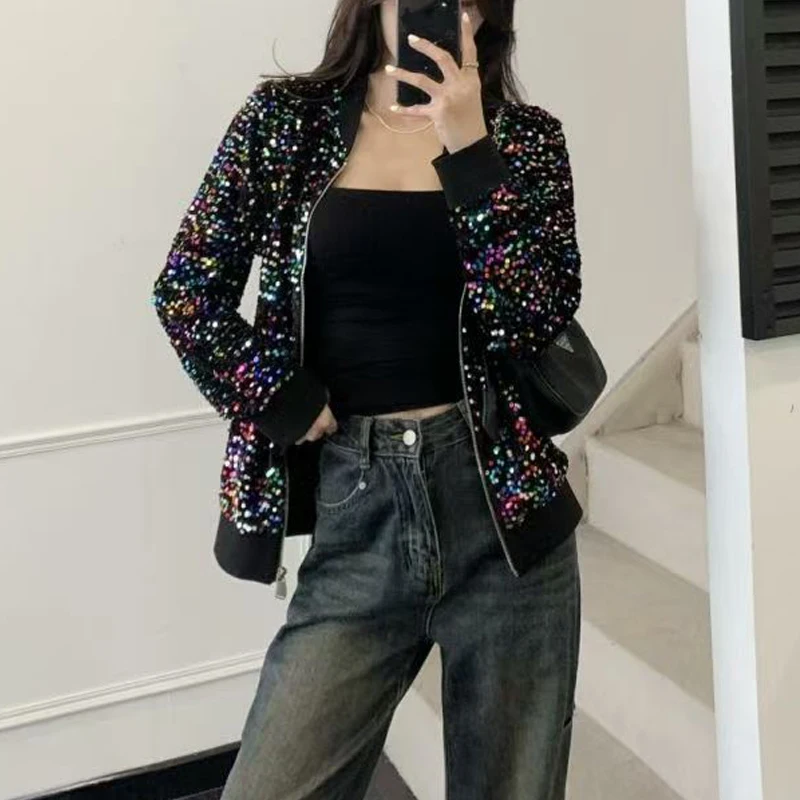 Damen Schwarze Pailletten-Bomberjacke Funkelnde Strass-Kurzjacke Glitzer-Blazer für Party Ausgehen Schicke Clubwear-Jacke Oberteile – Detail 6