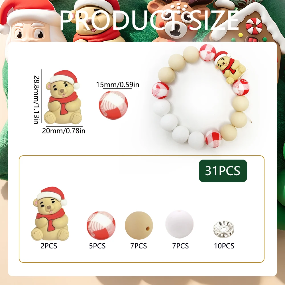 31/55-teiliges Weihnachts-Silikonperlen-Set für DIY-Halsketten, Armbänder, Dekorationen, Stifte, Schmuckanhänger usw. Geburtstagsgeschenk für die Feiertage – Detail 7