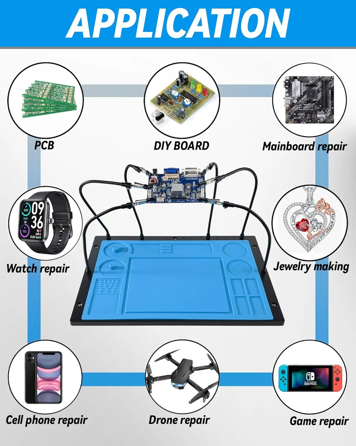 Helping Hands Soldering Station with 6 Flexible Arms, Heat-Resistant Silicone Mat for Electronic Repair & Jewelry DIY