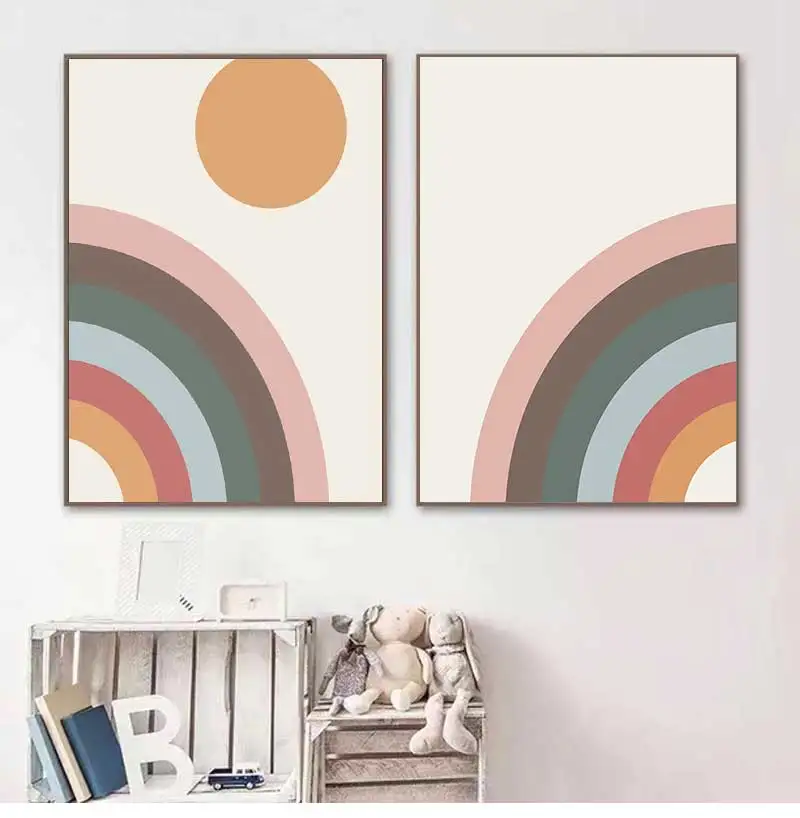 Poster Retro Scandinavian Nursery Wall Art Decor Mid Century Rainbow Art Canvas Painting Prints Minimalist Rainbow & Sun